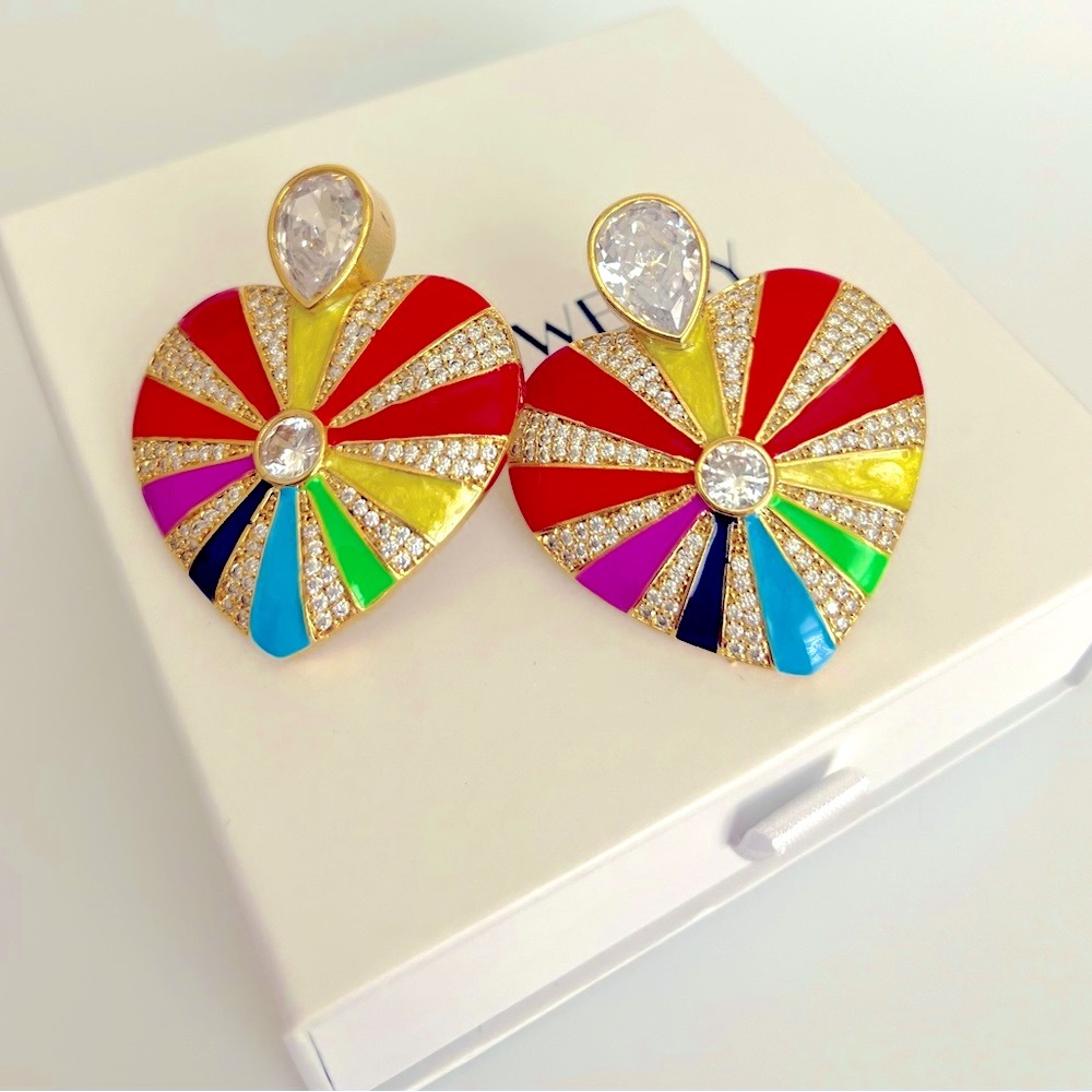 Heart Earrings 22k Gold Plated Enameled Handcrafted Jewelry - Picture 3 of 10